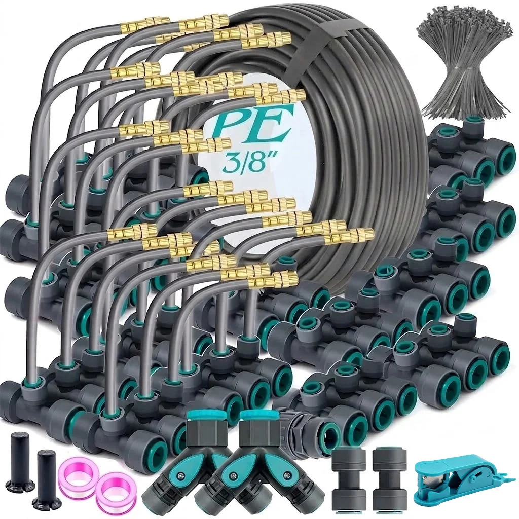 Garden Quick Connect Fogging Cooling Dedusting Watering System with Flexible Brass Adjustable Spray Kit and Gray 3 8 PE Hose