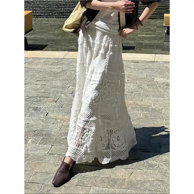 

White Lace Hollow out Versatile f Skirt Women's High Waist Korean Sle Commute Spring Summer New Faion Loose Midi Skirt
