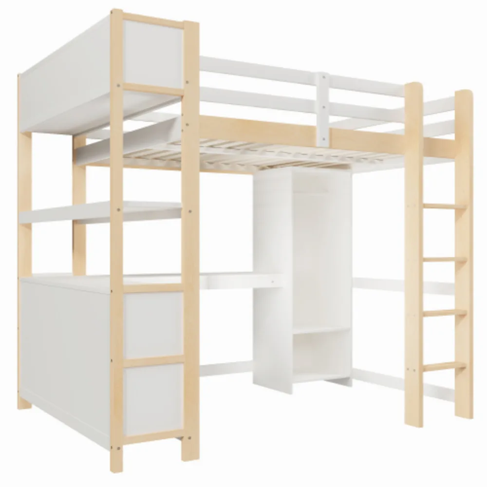 Hochbett mit Schreibtisch, Regalen, Aufbewahrungsschubladen und Kleiderschrank, ohne Matratze, aus Naturkiefernholz und MDF, multifunktionales, platzsparendes Design