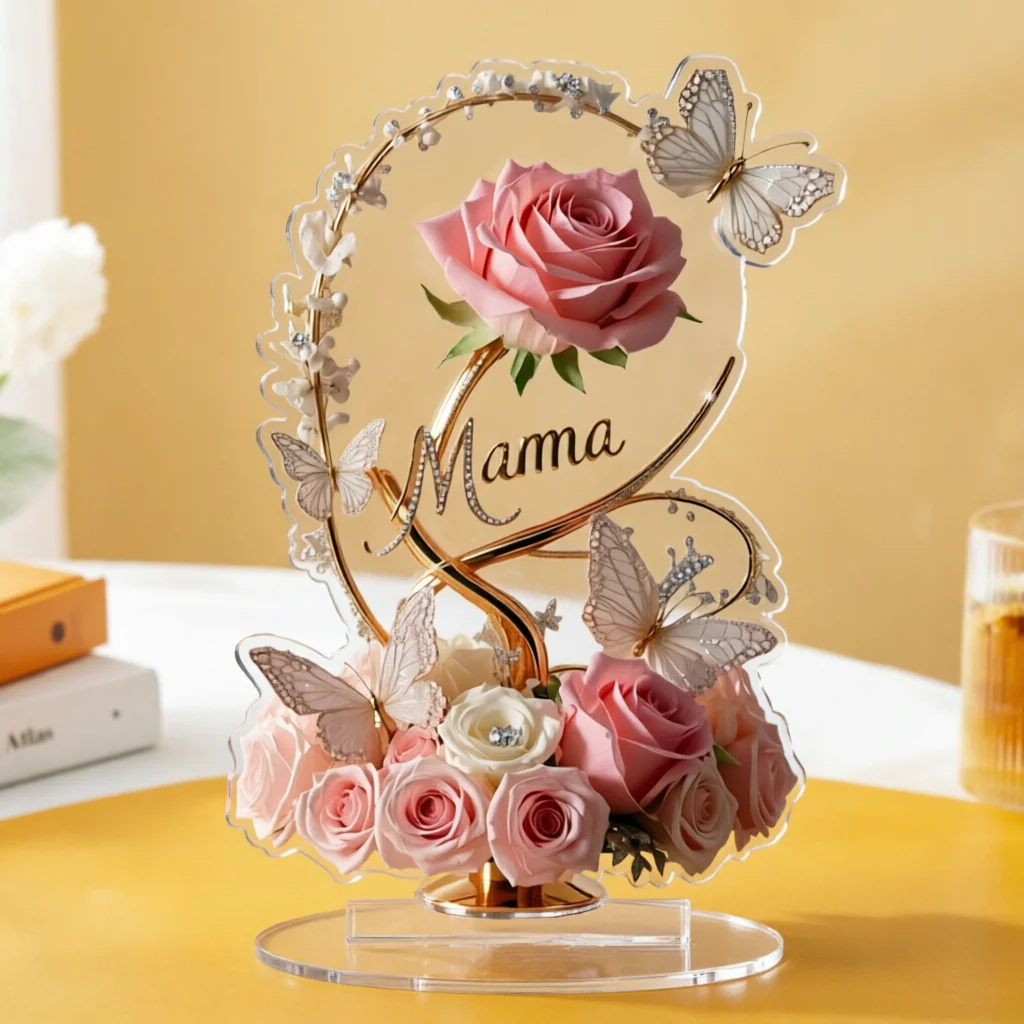 2D Flat Pink Rose Flower 'MAMA' Acrylic Tabletop Ornament Filial Piety Gift for Mom Mother's Day Show Gratitude Home Decor