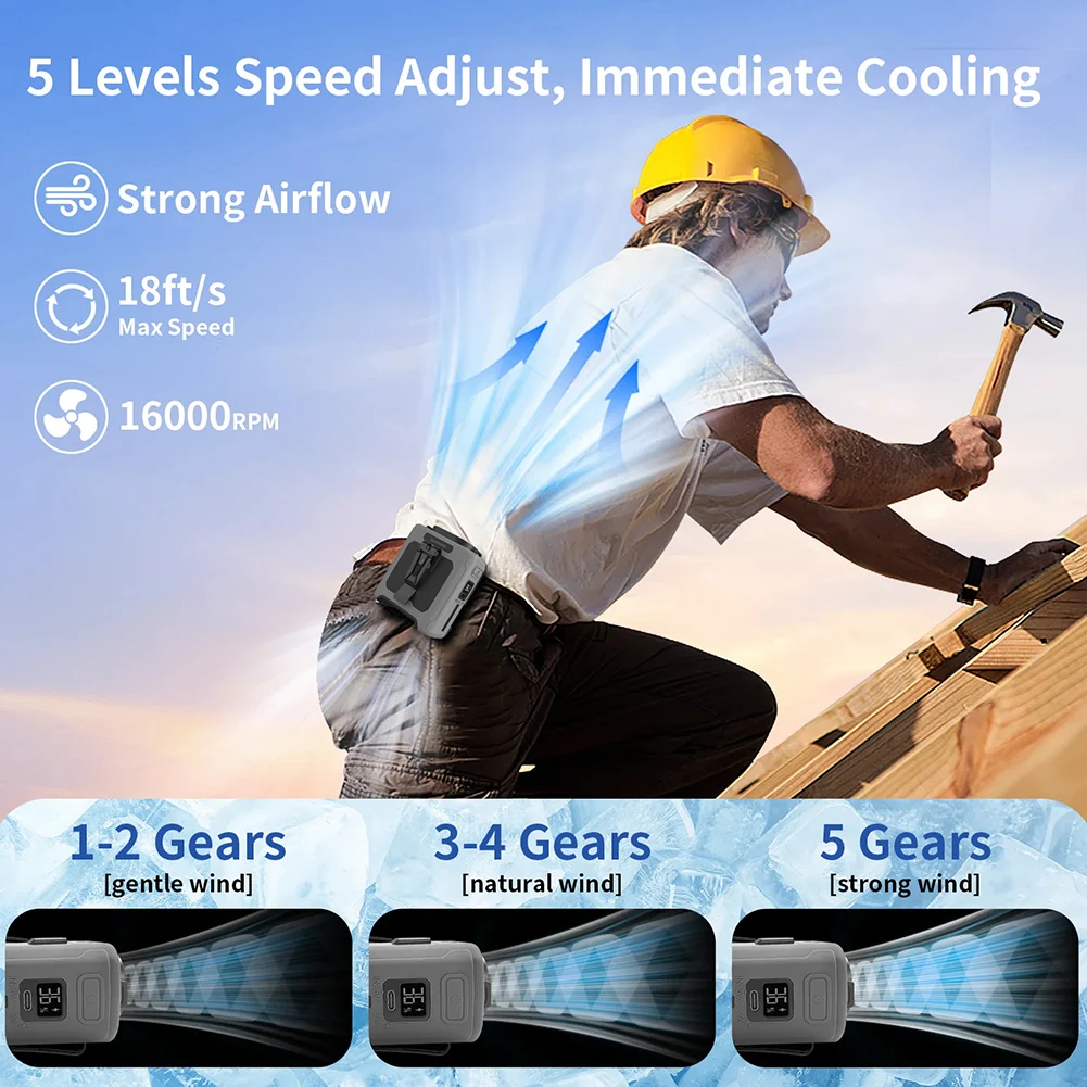 Перезаряжаемый поясной вентилятор 20000 мАч, портативный подвесной шейный вентилятор без помощи рук с фонариком Power Bank, 5 скоростей для работы на природе, кемпинга