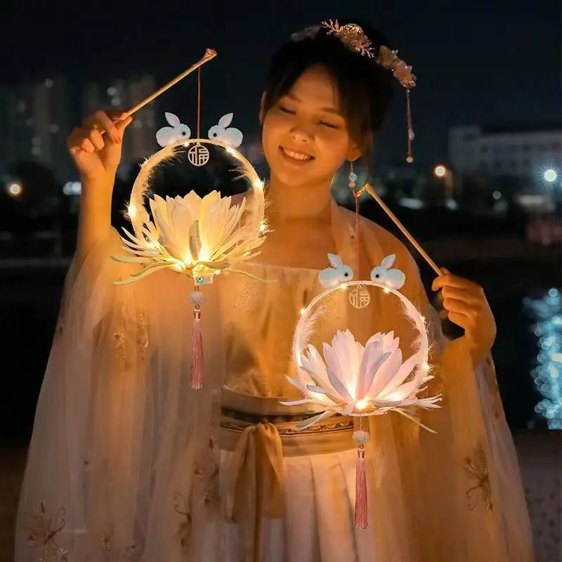 Lanterne d'ambiance de Festival de mi-automne, lanternes suspendues DIY, jouet pour enfants, lanterne légère faite à la main, lapin Lotus, cadeau de décoration de vacances, accessoire