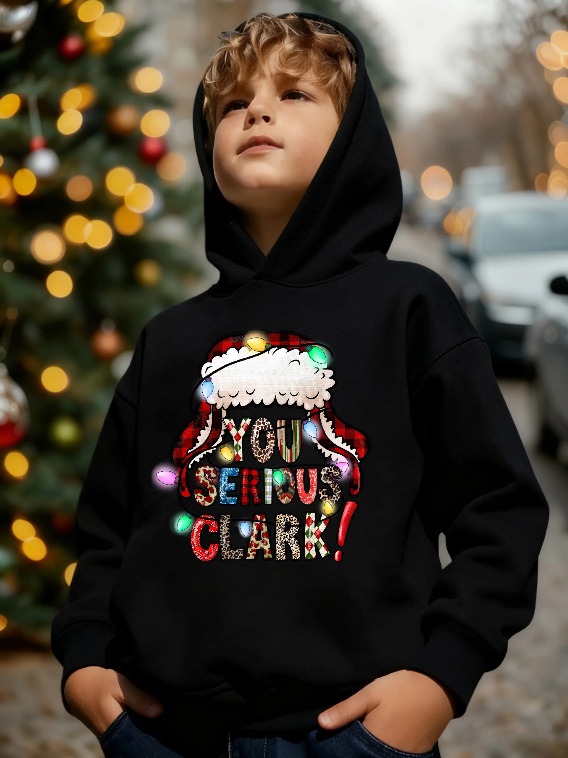 Christmas Winter Fashion Fleece Hooded Sweatshirt YOU SERIOUS CLARK Christmas Hat Cartoon Pattern Print Loose Casual Long Sleeve