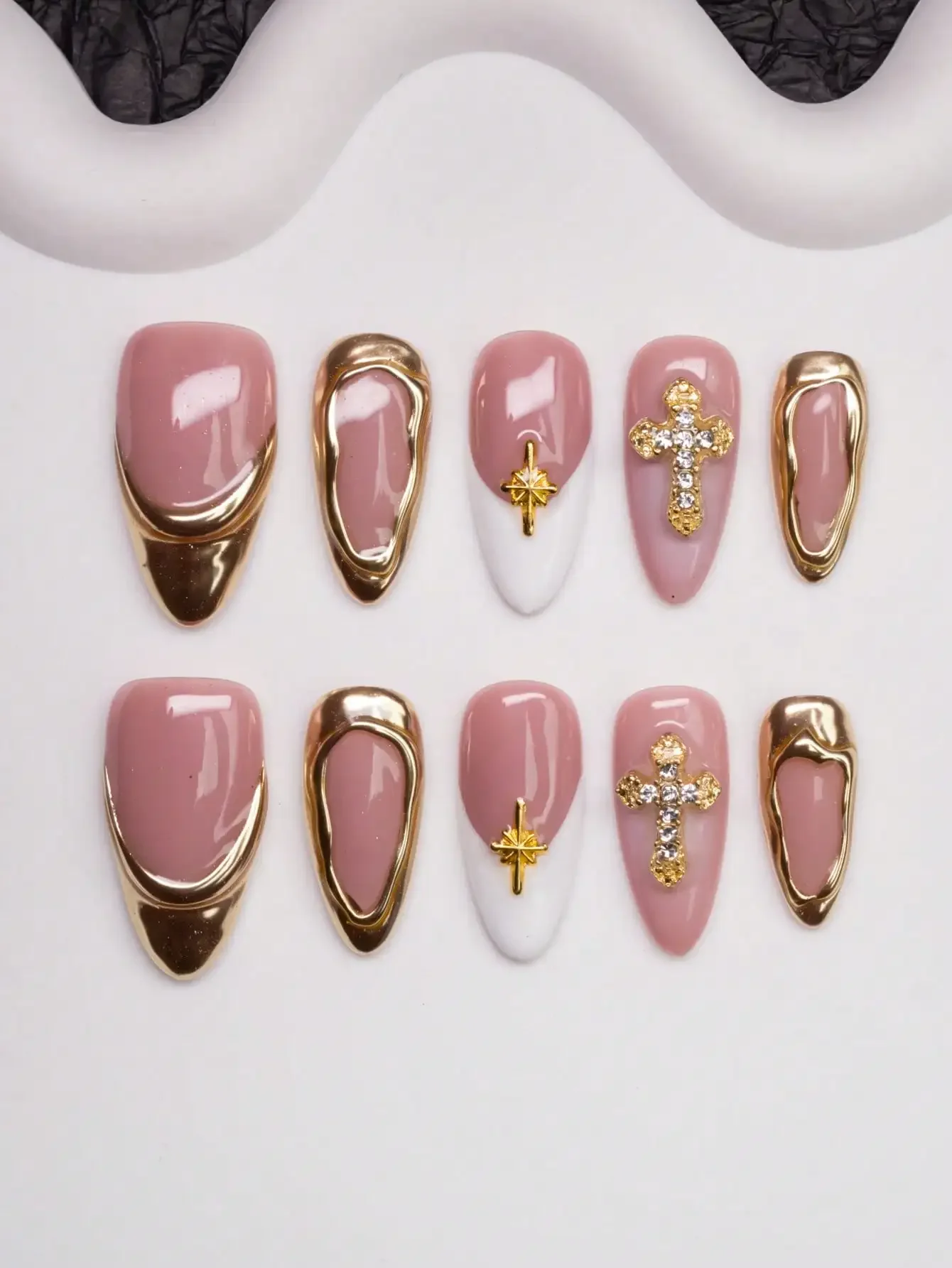 Spring/Summer Handmade Almond-Shaped Nail Tips With Y2K Chic Style, In Nude, White, Gold Colors Featuring Cross, Star, Asymmetri