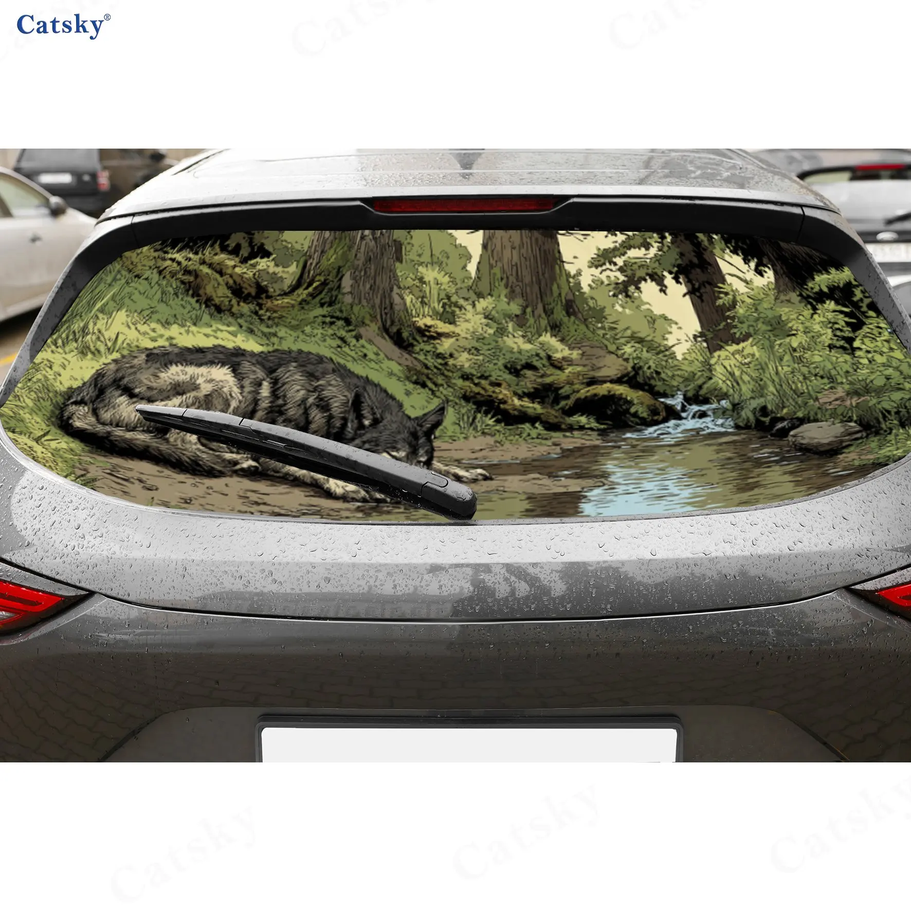 Majestic Wolf by Stream Car Rear Window Decal, Waterproof Self-adhesive & Anti-scratch Auto Vinyl Wraps Sticker, Auto Decoration