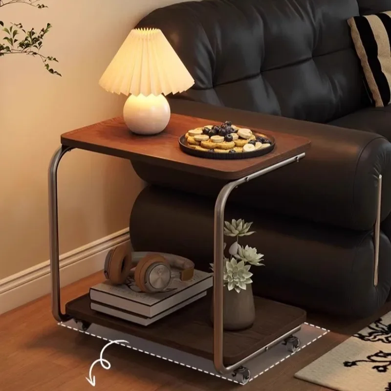 Heavy Steel Side Table Double-Layer Rolling Cart Retro Sofa End Stand with Guarded Edge Bedside Cabinet for Small Spaces