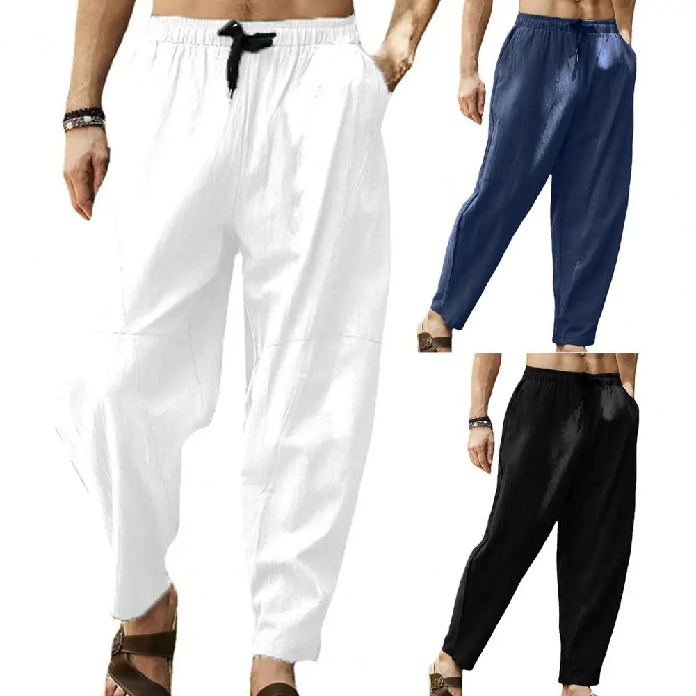 Men Pants Casual Breathable Straight Men Trousers Solid Color Elastic Waist Drawstring Harem Pants For Daily Wear