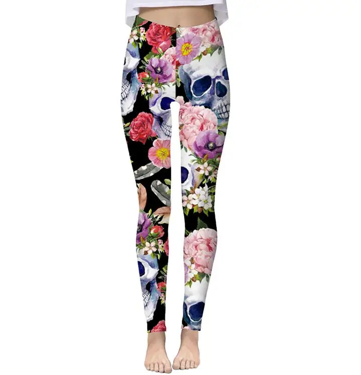 Woman Wide Belt Legging Pink Floral Skull Head Printed Casual Legging S-XL