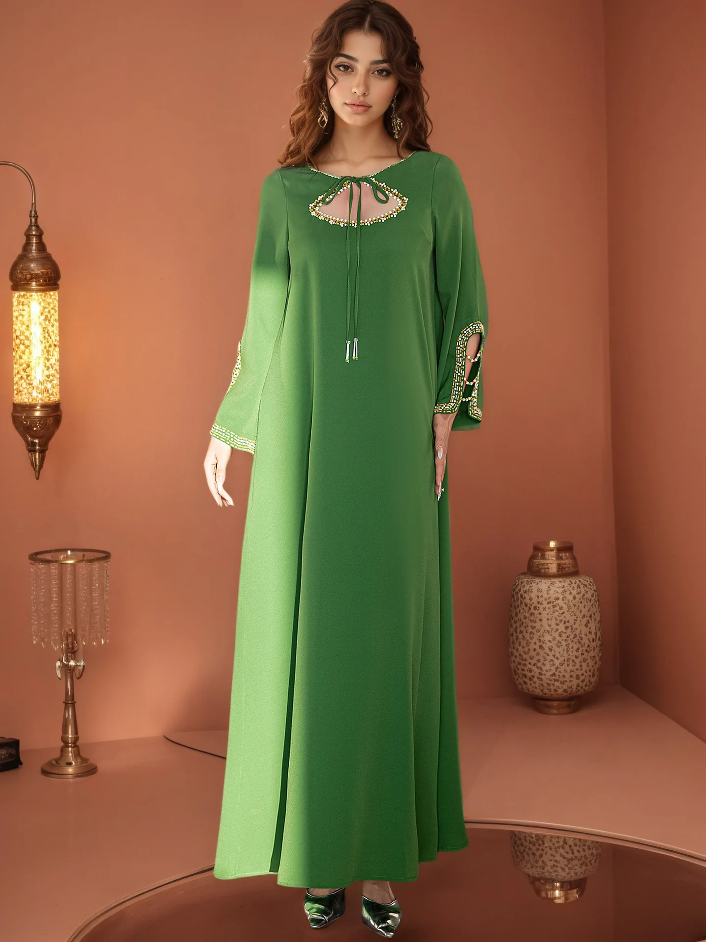 Vestido elegante musulmán con cuentas para mujer Abaya Dubai Kaftan Eid Djellaba Islam Jalabiya caftán marroquí bata para mujer Vestido Abbayas Abayo