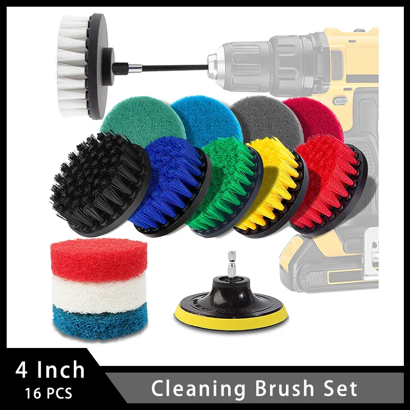 

4 Inch Cleaning Brush Set 16 Pcs with Scrub Pads Long Reach Attachment Backing Pad for Car Floor Grout Tiles Bathtub Automotive