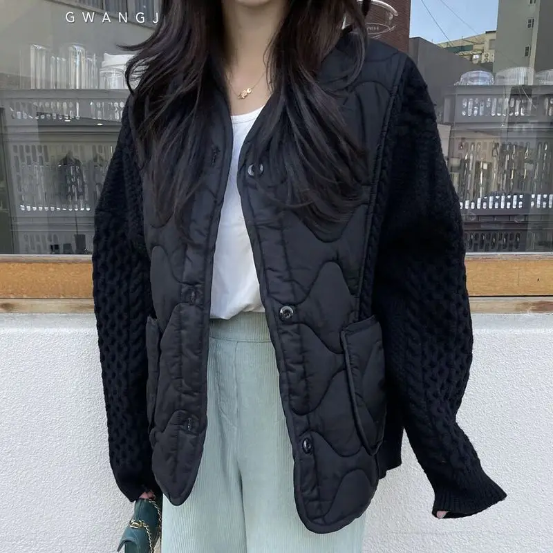 가을/겨울 한정판 스타일리시하고 다재다능한 브이넥 컬러 콘트라스트 패치워크 니트 싱글 버튼 코트