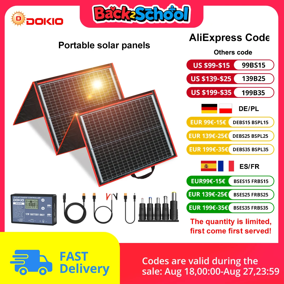 DOKIO 18V 150W Pannello solare pieghevole flessibile Carica telefono cellulare Carica USB 12V Pannelli solari esterni per campeggio/barche/casa