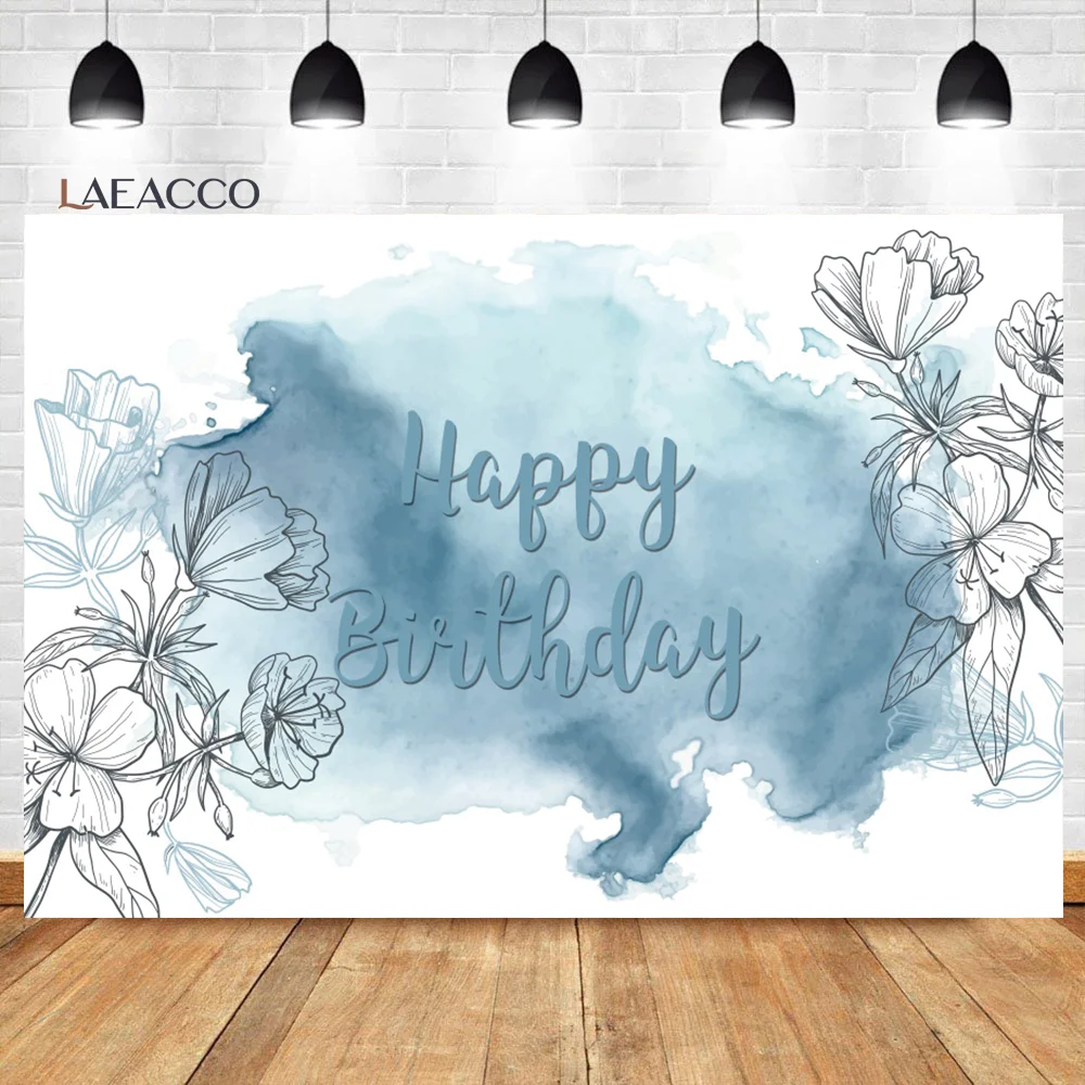 Laeacco Blue Happy Birthday Backdrop Watercolor Ink Floral Wedding Party Decor Girls Women Kids Portrait Photography Background