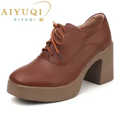 AIYUQI Women High Heels Autumn New Genuine Leather Platform Women Business Dress Shoes Lace-up British Style Office Shoes Women