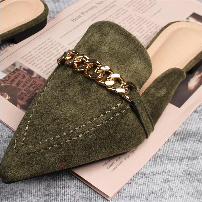 Mules à bout pointu pour femmes, chaussures d'extérieur décontractées avec chaîne en métal, grande taille 41 à 43, printemps 2023