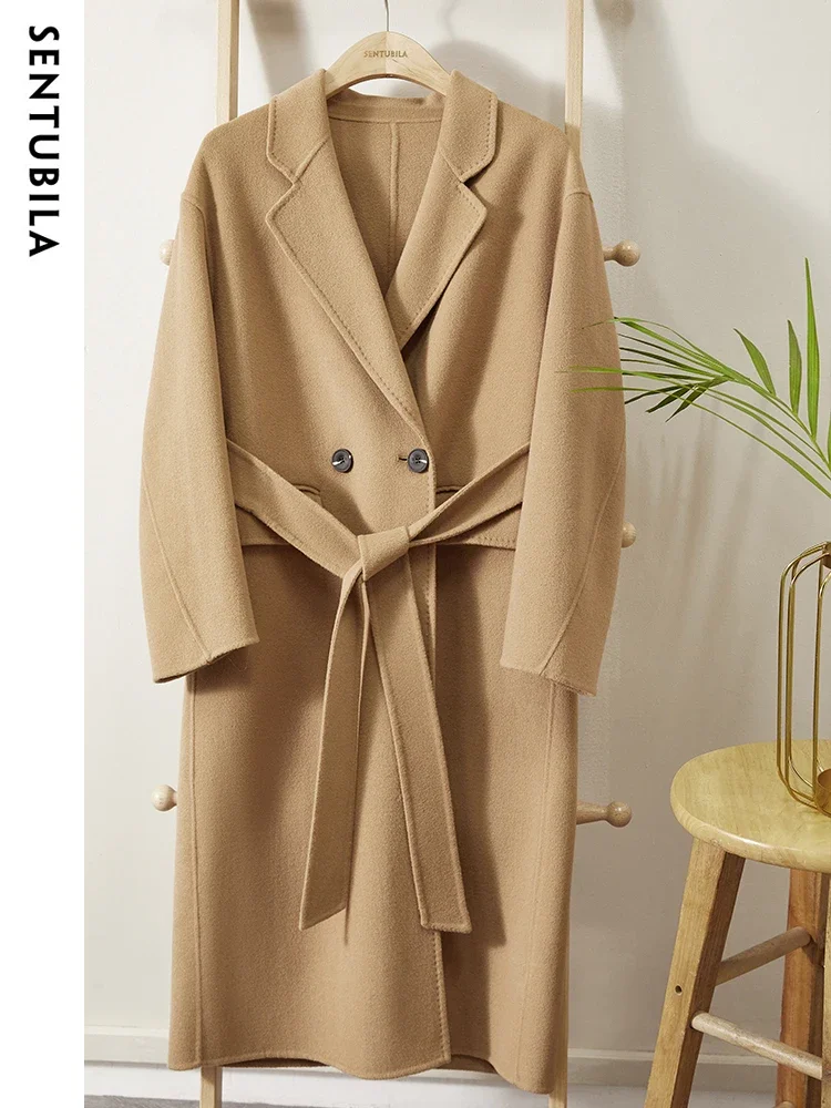 SENTUBILA Longline Wool Over Coat for Women 2024 Winter Elegant Notched Collar Belted Maxi Wool Blend Coats Outerwear W24O42057