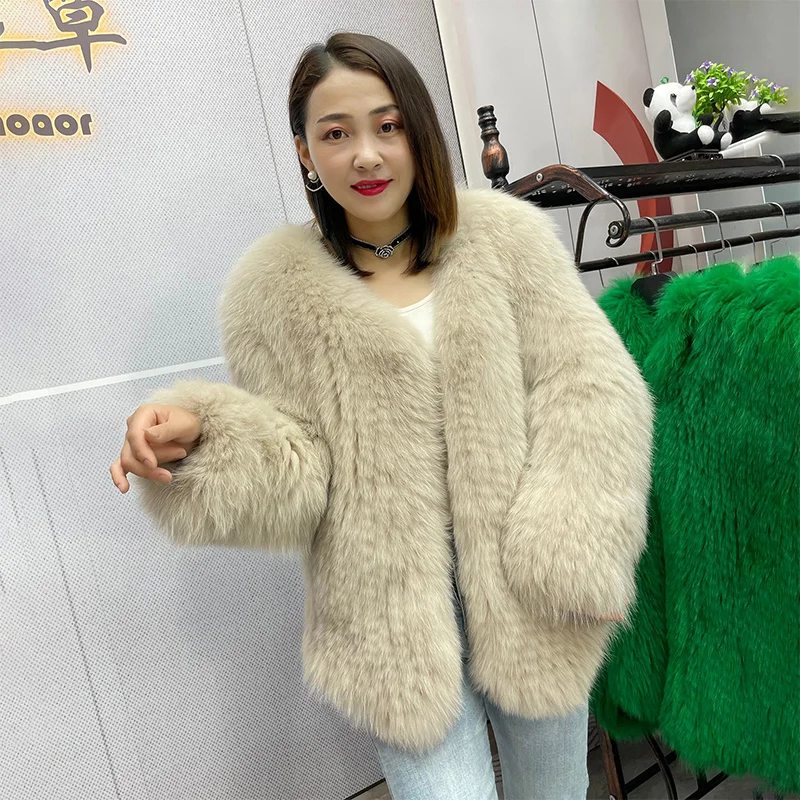 

Women's Fur Coat Double Thickened 100% Real Fox Fur Fashion Temperament V-neck Casual Warm Coat Winter New Korean Coat