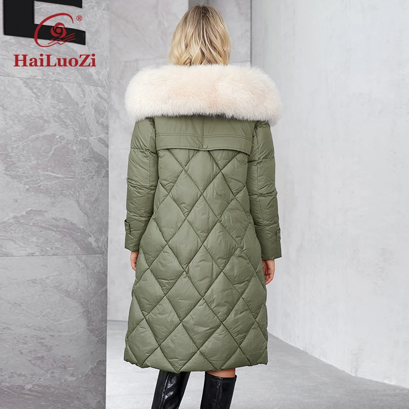 HaiLuoZi 2024 New Ladies Winter Cotton Hooded Fur Long Women\'s Parka Coat Elegancka pikowana kurtka damska z dużymi kieszeniami i paskiem 1311