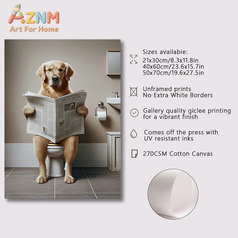 AZNM Frameless 2D Flat Funny Dogs Reading Newspaper On Toilet Canvas Print, Reusable Humorous Pet‑themed Bathroom Wall Art Decor
