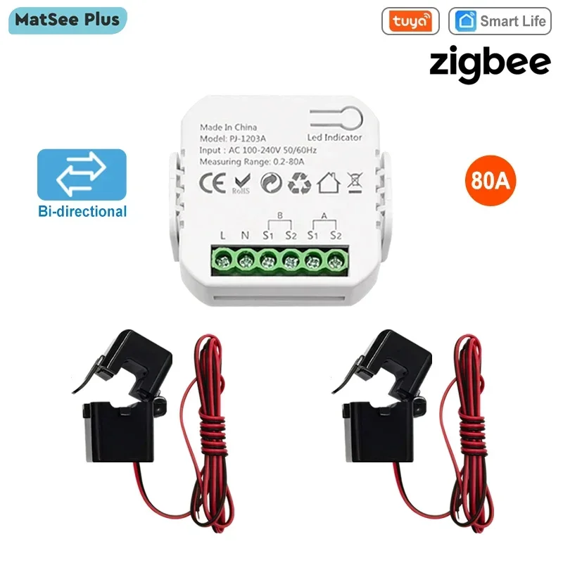 

Tuya Smart Life ZigBee Bidirectional Energy Meter with 80A Current Sensor App Monitor Produced and consumed Power AC100V/240V