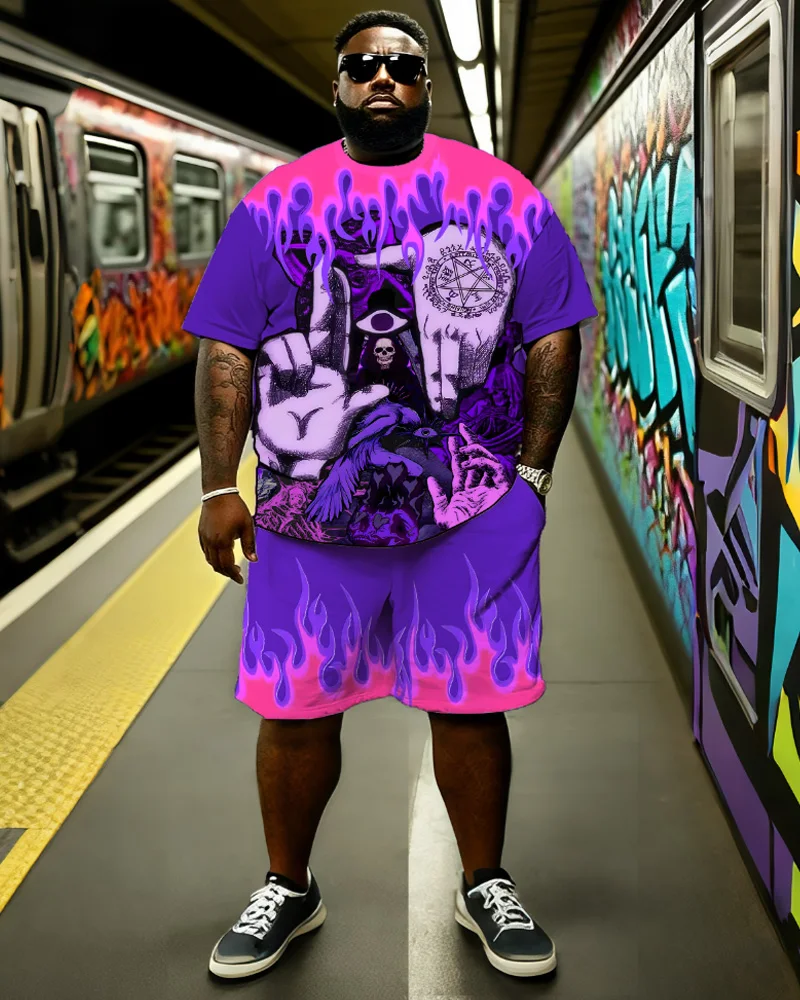 

S-9XL Men's Large Size Hip Hop Color Short Sleeve T-shirt Shorts Two-piece Set