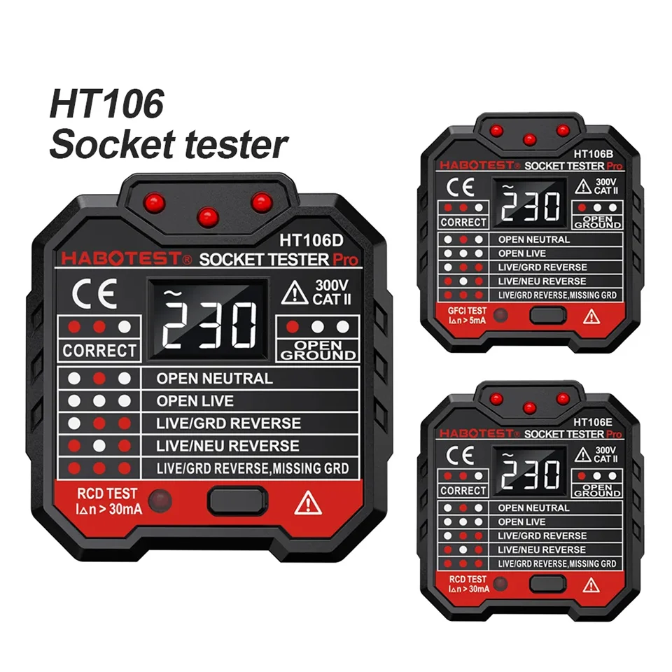 HT106/HT107 Digital Outlet Socket Detector Voltage Test Socket Testers US/UK/EU Plug Ground Zero Line Phase Check RCD NCV Tester