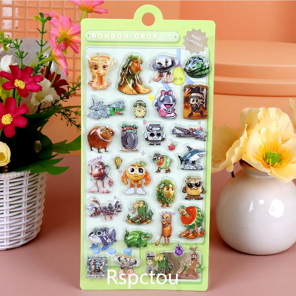 4 pçs tung tung tung sahur 3d alívio adesivos engraçado animal ai abstrato italiano brainrot dos desenhos animados decalques de cristal brinquedos presentes