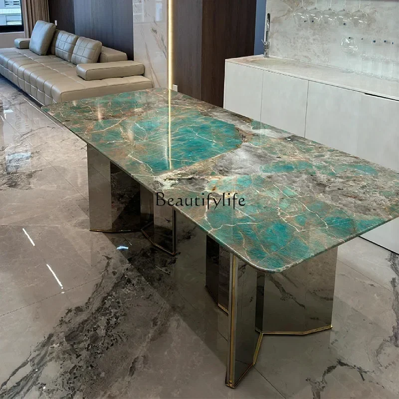 ls51Green natural marble dining table Italian light luxury high-end household luxury stone dining table