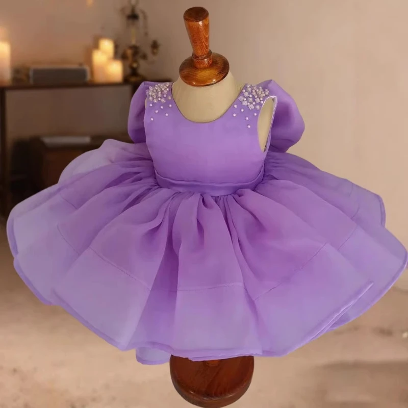 Kids Girls Formal Purple Dress New Birthday Tutu Mesh Fabric Flower Girl Wedding Children  Princess Gown Pageant Party Costume