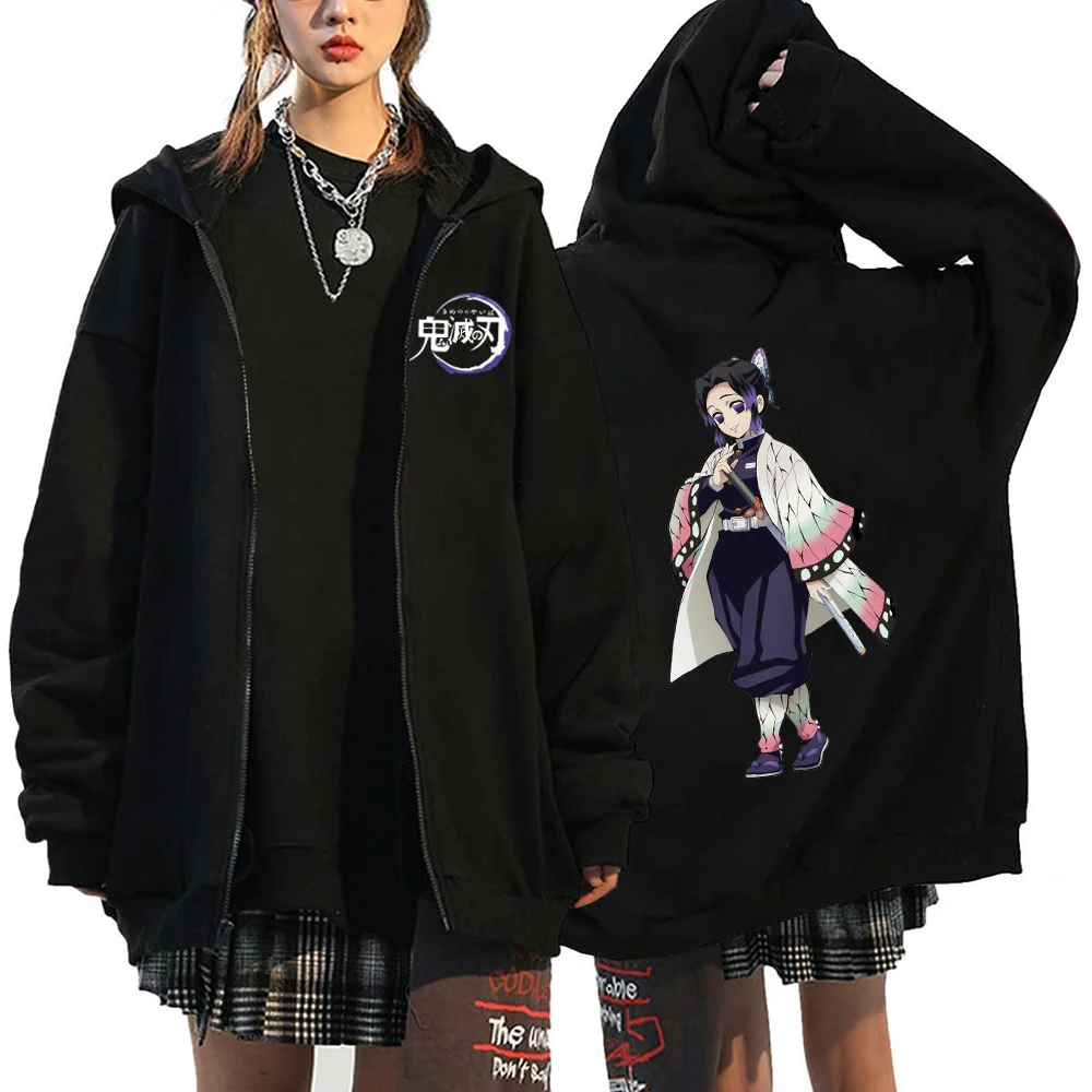 Hot Anime Demon Slayer Women Zip Hoodie Kochou Shinobu Plus SIze Sweatshirt Harajuku Zip Up Jacket Y2k Female Fashion Pullover