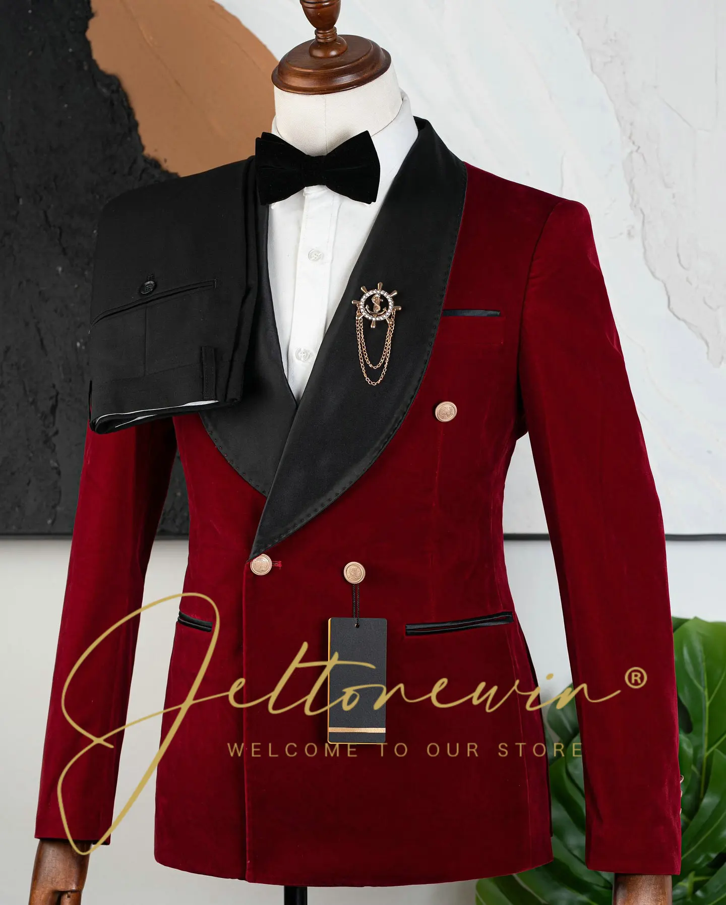 

Мужской бордовый бархатный костюм с черной отделкой лацканами, комплект из двух предметов, приталенная официальная одежда для свадьбы, жениха, вечеринки