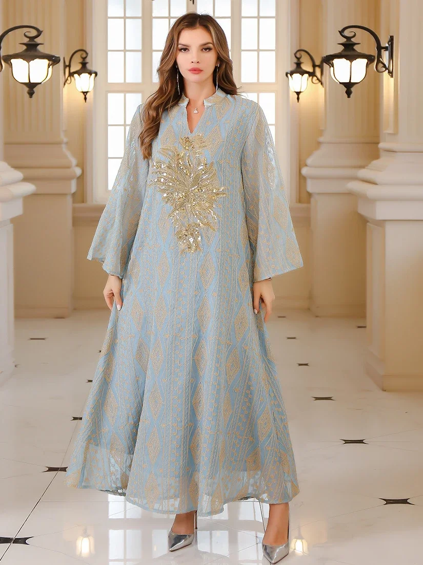 Eid Long Robe Muslim Women Party Sequins Jalabiya Dresses Embroidery Ramadan Abayas Kaftan Islam Vestidos Arab Morocco Dubai