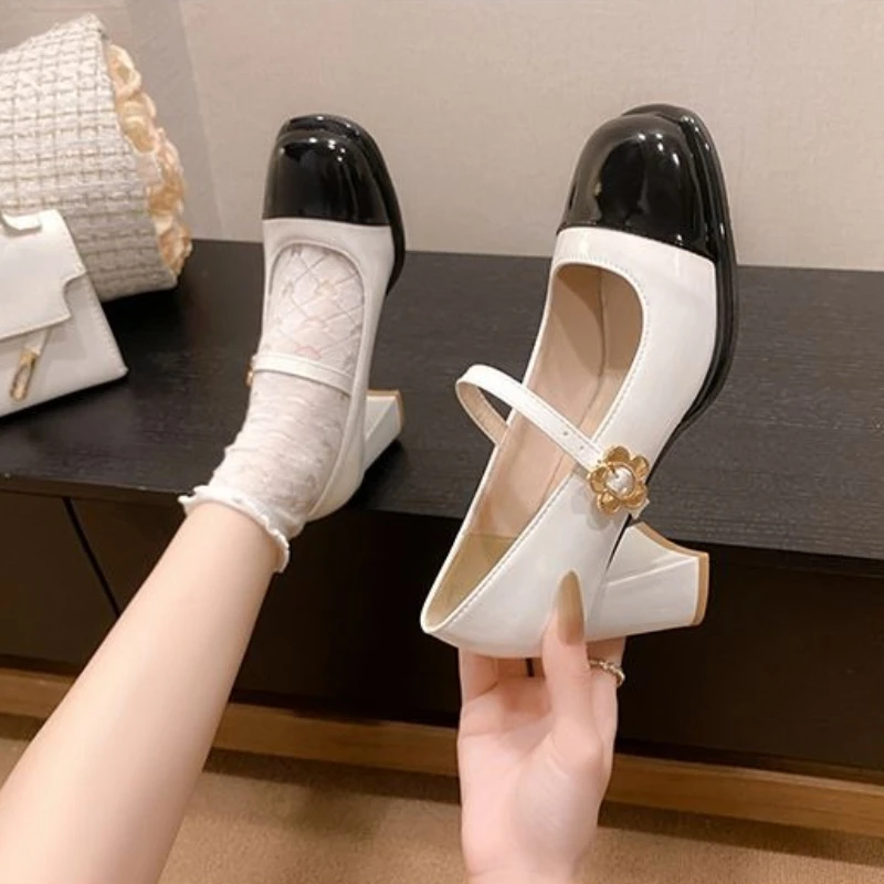 Korean French Style Mary Janes Women Chunky Heel High Heels Vintage Spring New Leather Pumps Shoes