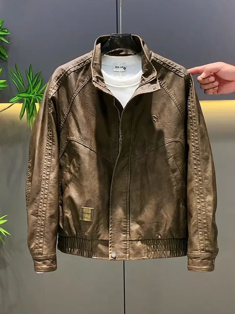 

Мужская кожаная куртка в американском ретро-стиле для байкеров, осенне-зимняя, утепленная, свободного кроя, ветрозащитная, с подкладкой, воротник-стойка