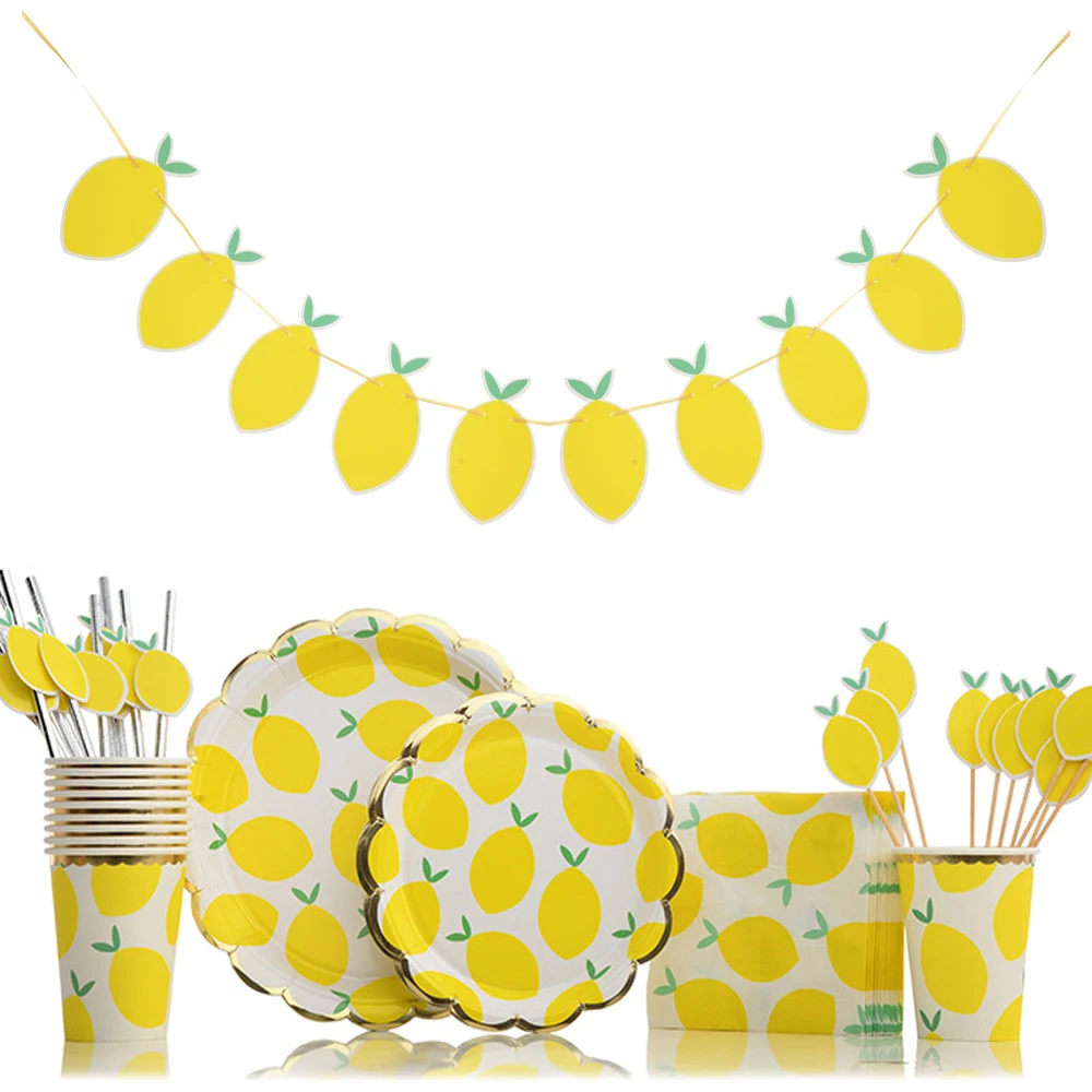 1set Lemon Themed Disposable Tableware Paper Straw/Cups/Banner for Lemon Themed Summer Pool Birthday Party Decorations