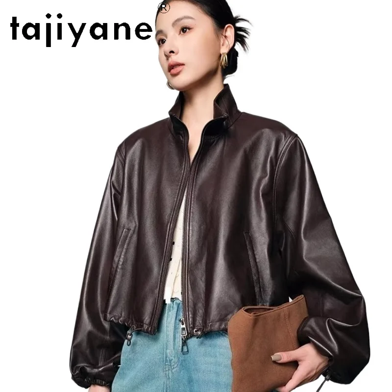 TAJIYANE 本物の羊皮ジャケット女性用ショートスタンドカラーコートカジュアル本革ジャケット2025秋服 дубленка женская