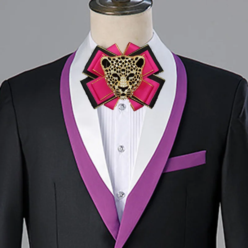 Devil Crystal Leopard Head Laço para homens, joias artesanais originais, personalidade dominadora de ternos de negócios, colarinho de camisa, flores