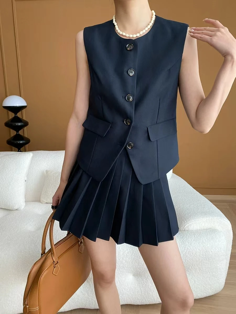 French Haute Couture And Fashionable Suit Vest Pleated Skirt 2-Piece Set for Spring and Summer New Styles