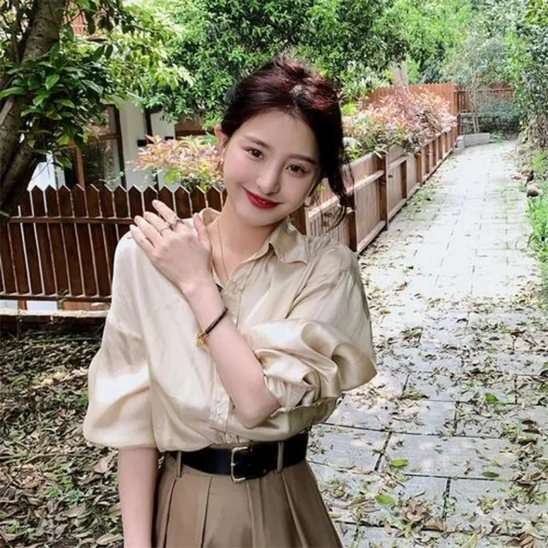 Women New Long Sleeved Shirt Skirt Two Piece Set 2025 Design Sense Female Korean Spring Solid Long Sleeved Shirt Skirts Outfit