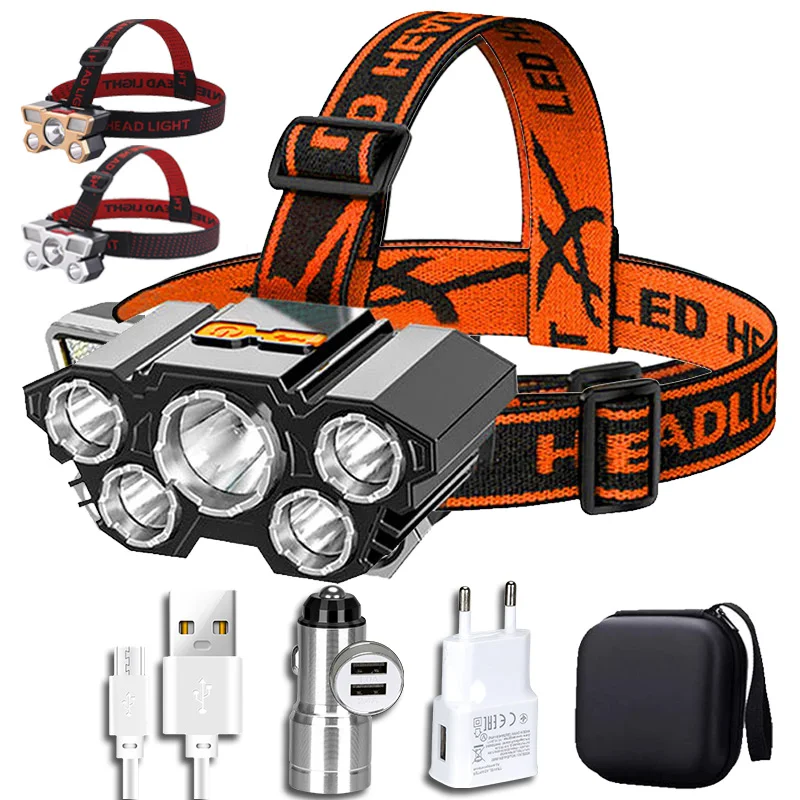 USB Rechargeable Led Five-Head Headlamp Super Bright 18650 Built-in Battery Headlight Portable Head Flashlight Fishing Lantern