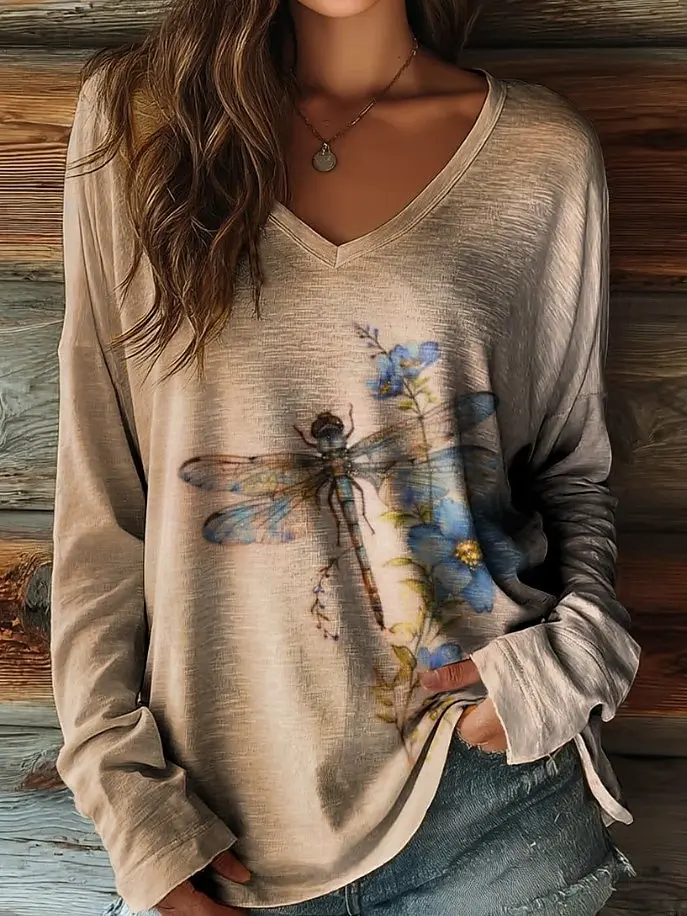 Vintage Women's T-Shirt Floral Graphic Plants Elegant Fashion Tee Long Sleeve T-shirts V-Neck Regular Tops Pullover Fall Winter
