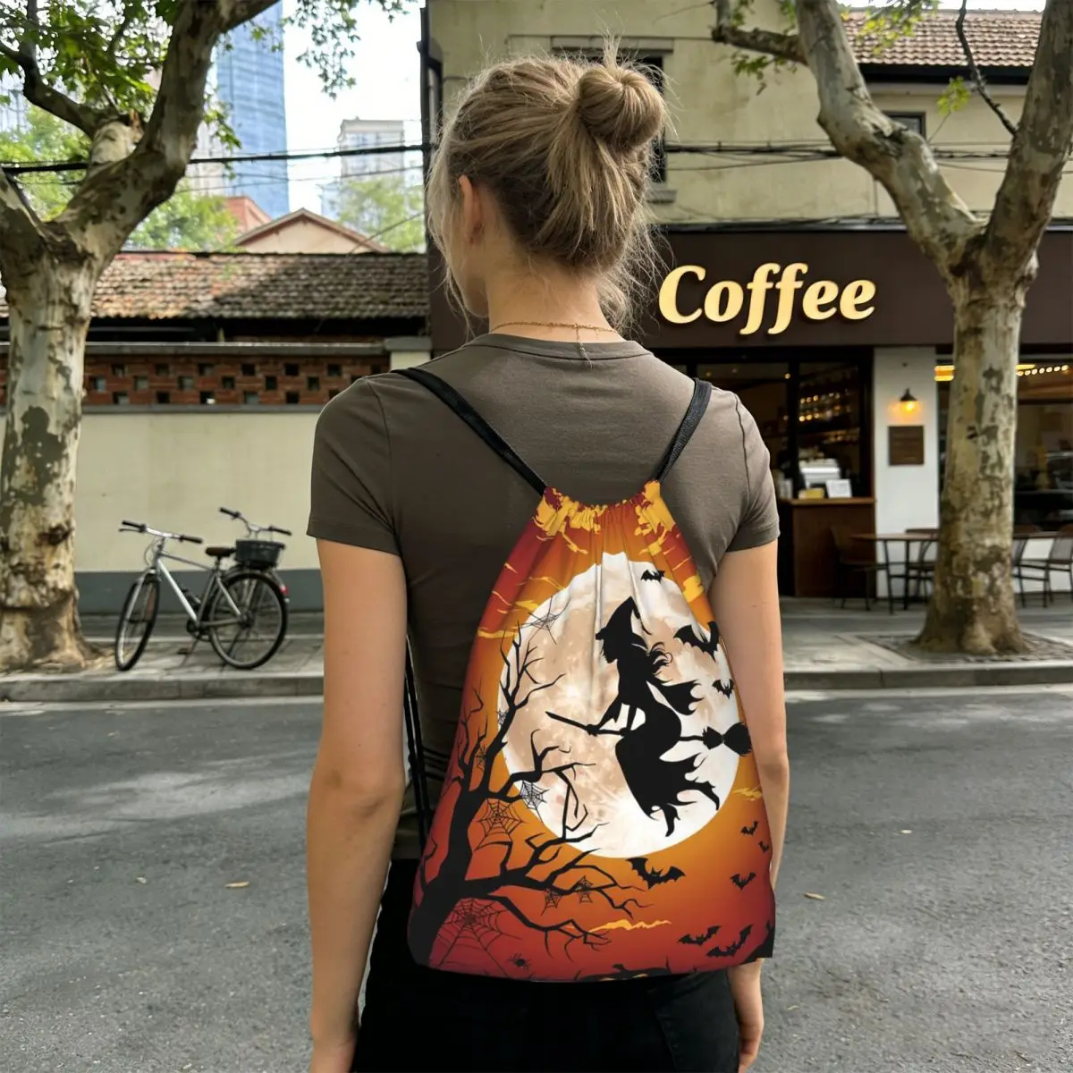 Flying Witch And Bat In The Sky Backpacks Multi-function Drawstring Bags Storage Bag Book Bags for Travel Students