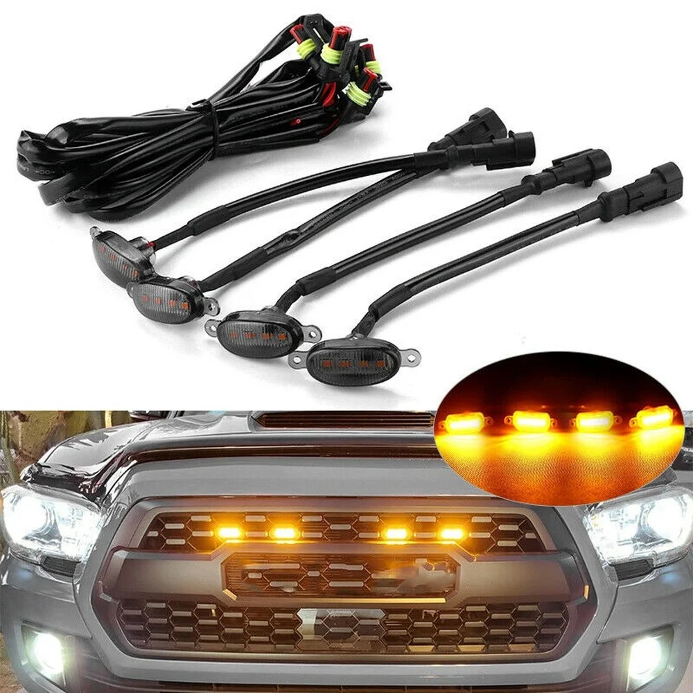 4Pcs/set LED Grille Light Yellow Light Car Light Wire Harness Modified Vehicle Daytime Running Light Fog Light