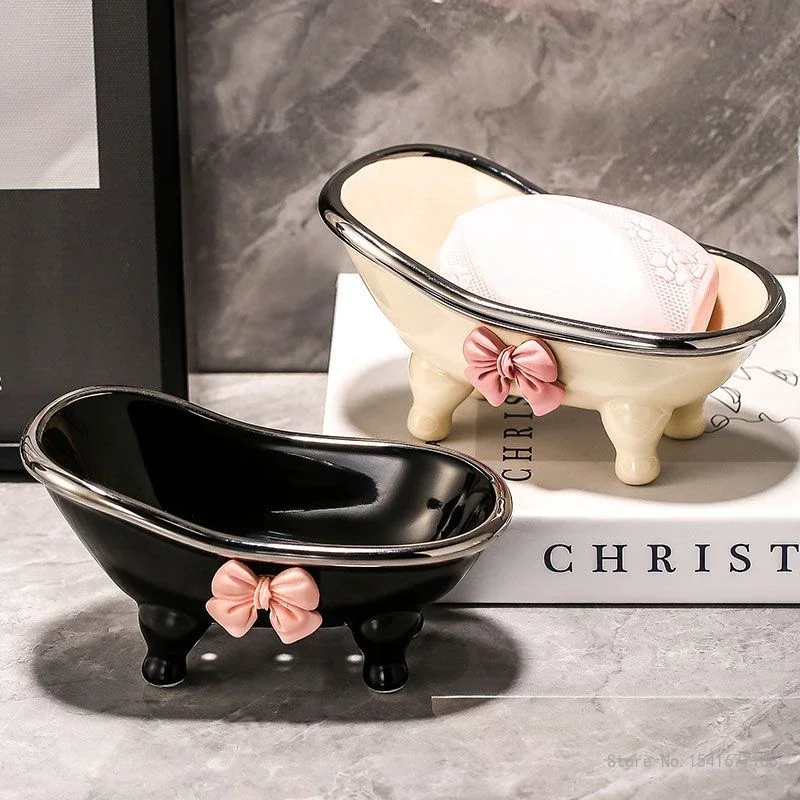 Cute Bow Knot Ceramic Soap Box, Creative Light Luxury, High, Beauty, Home Bathroom Decor Supplies, Thickened, Waterproof, 1Pc