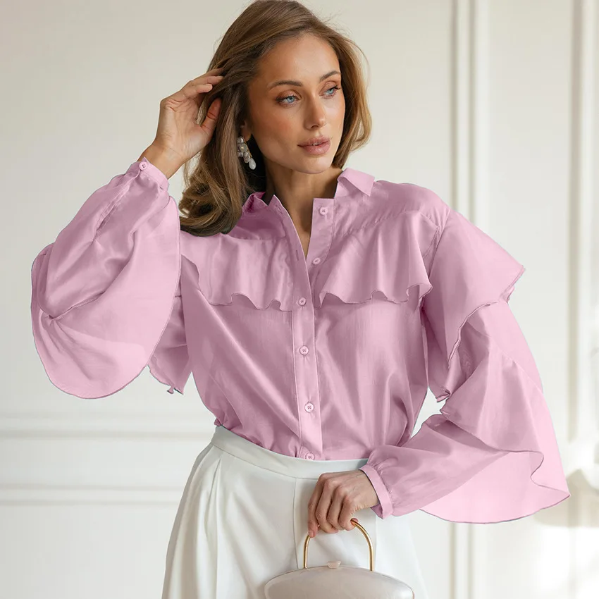 

New Autumn Loose Lapel Ruffle Long-sleeved Shirt Design Sense Fashionable Casual 2025
