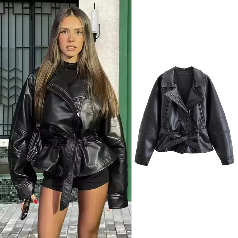 

Винтажная черная кожаная куртка на шнуровке с отложным воротником и V-образным вырезом, с регулируемой талией, женская теплая модная повседневная верхняя одежда в стиле High Street