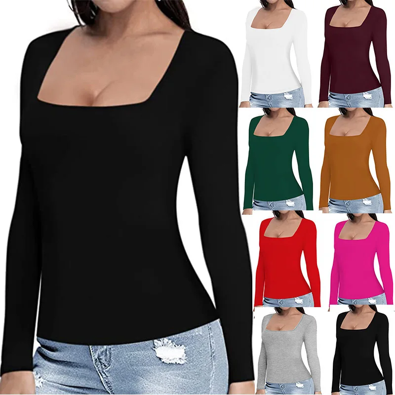New Hot-selling Women's Clothing Solid Color Casual Fashion Sexy Square Collar Versatile T-shirt Cw34492