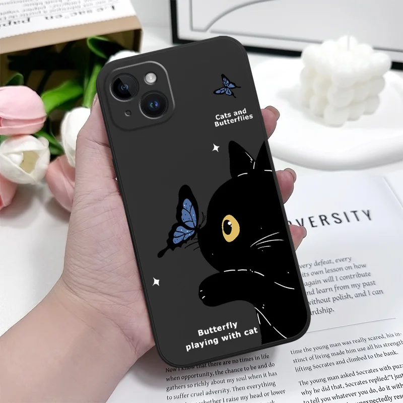 Cat Butterfly Phone Case For iPhone 16 15 14 13 12 11 X XR XS Plus Pro Max Mini Silicone Cover