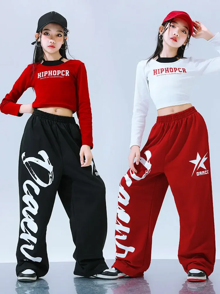 

Hip Hop Dance Costume Children Street Dancer Stage Outfit Red Crop Top Jazz Dance Pants Black Shuffle Pants Girl Streetwear