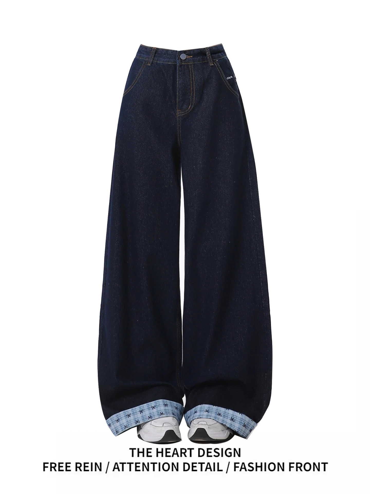 アメリカンレトロカラーブロックチェック柄デニムパンツ レディース 夏新作 ルーズドレープワイドレッグロングパンツ カジュアルハイウエストジーンズ